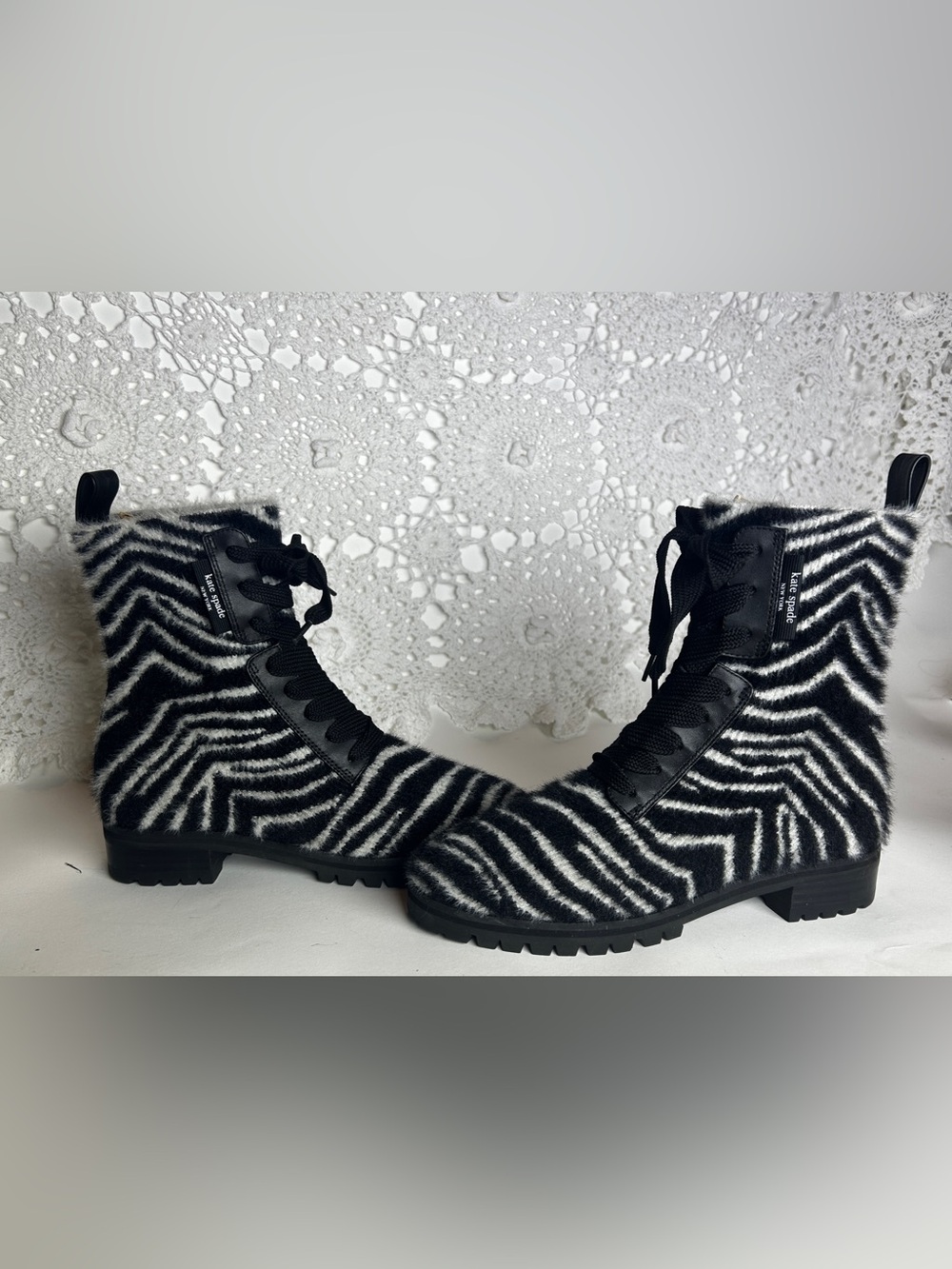 Kate Spade New York Merigue combat boots w/ fuzzy zebra print